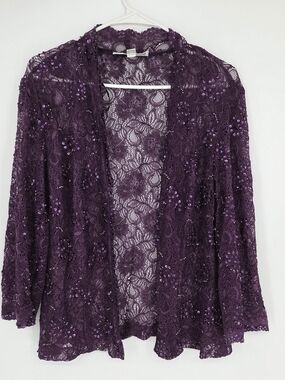 Emma Street Womens Purple Floral Lace Sequin Sheer Open Jacket Top Blouse 18W